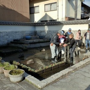 水抜き作業が終わってなく、先生たち自ら奮闘しています。
